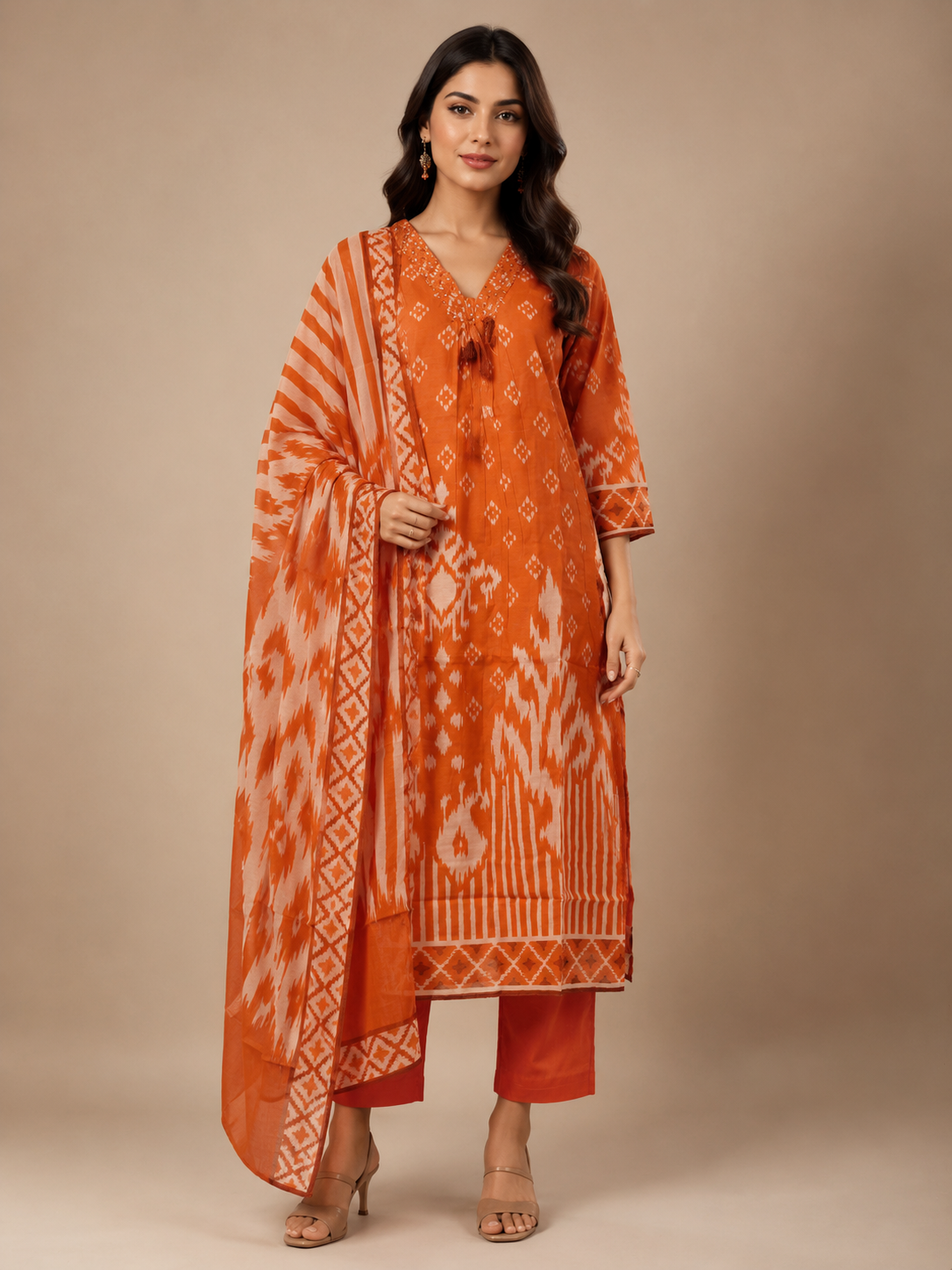 Orange Printed Silk Kurta Set with Ikat Dupatta
